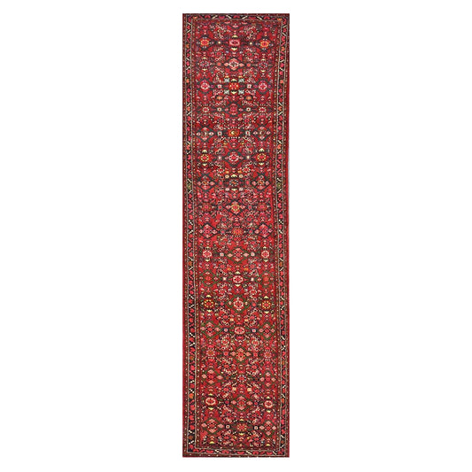 Persian Hamadan Wool 2x13 Red, Ivory & Navy Handmade Runner Rug #9900321