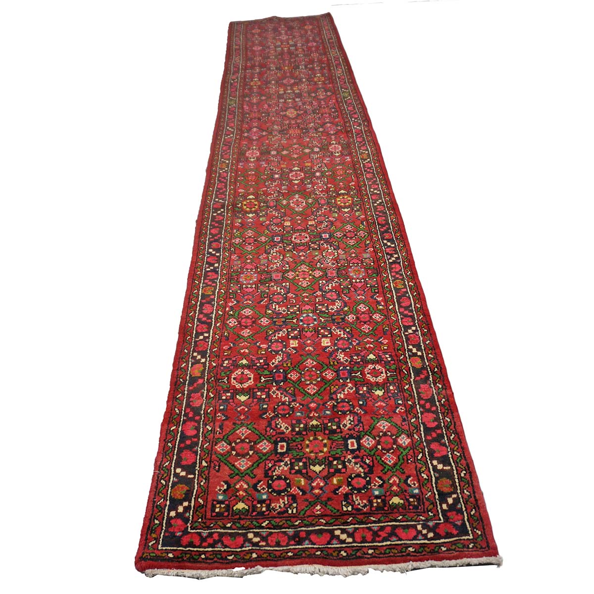 Persian Hamadan Wool 2x13 Red, Ivory & Navy Handmade Runner Rug #9900321
