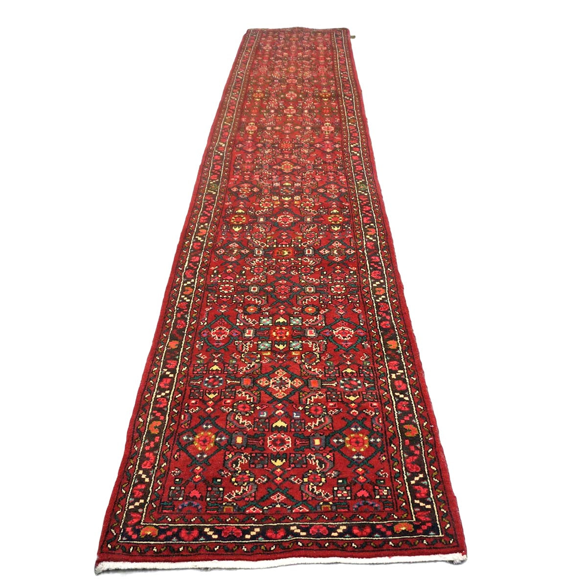 Persian Hamadan Wool 2x13 Red, Ivory & Navy Handmade Runner Rug #9900321