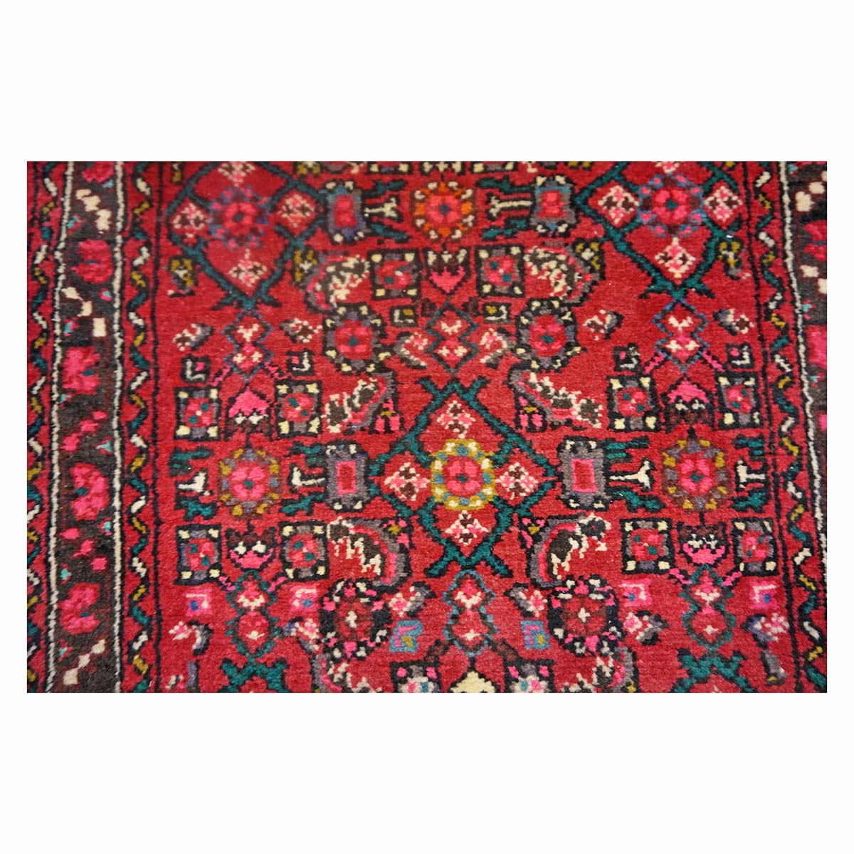 Persian Hamadan Wool 2x13 Red, Ivory & Navy Handmade Runner Rug #9900321