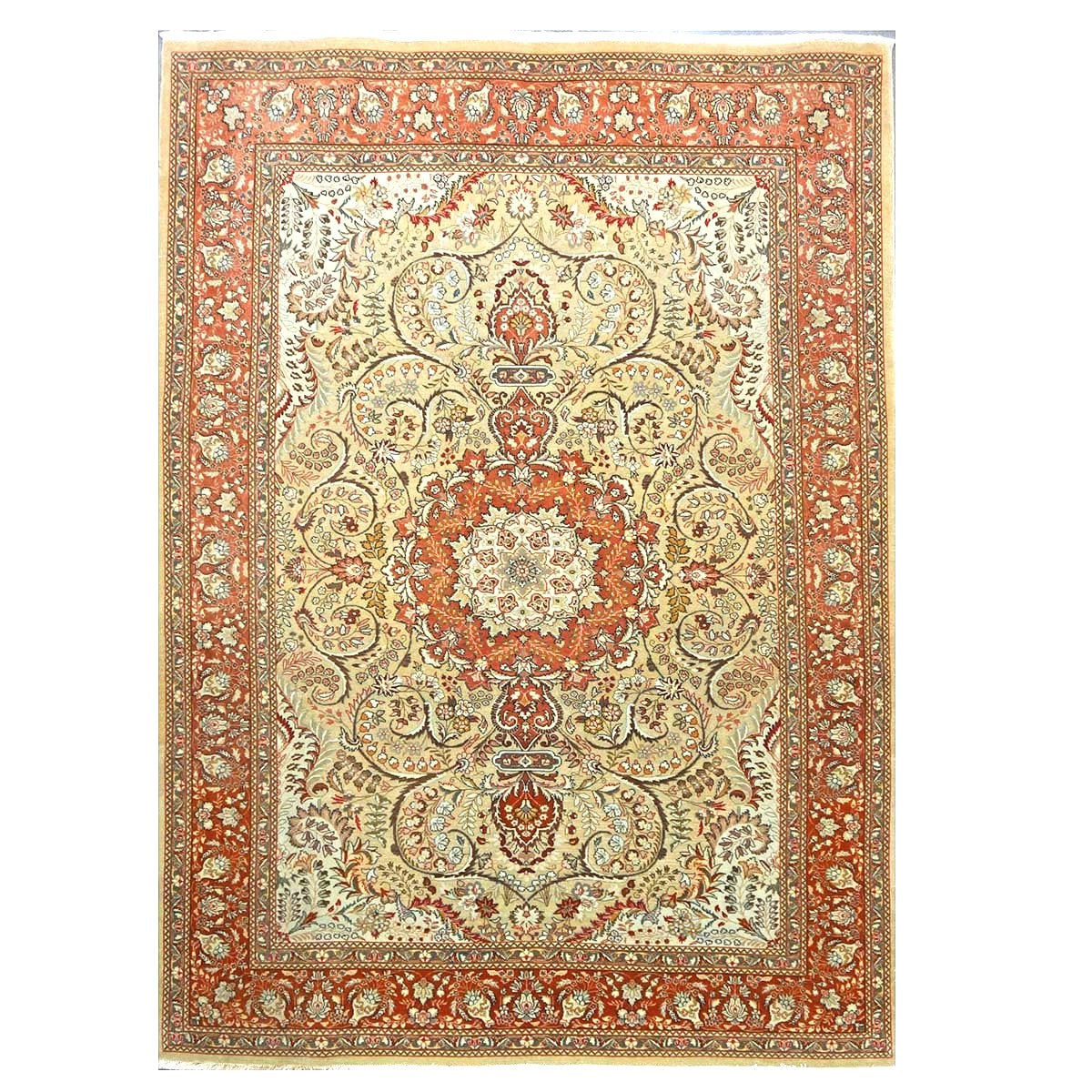 Vintage Persian Tabriz Wool 7x9 Pistachio & Rust Handmade Area Rug #9900342