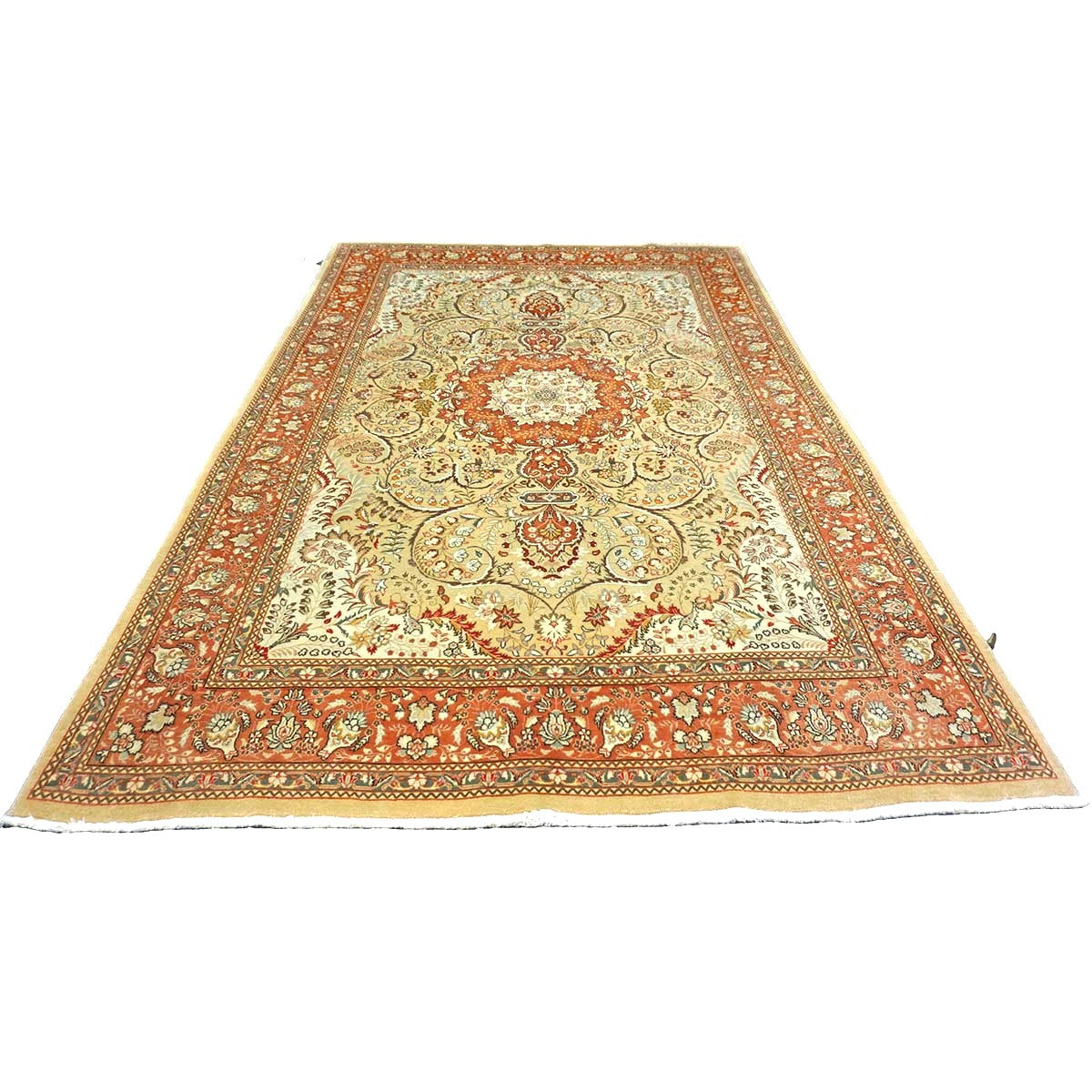 Vintage Persian Tabriz Wool 7x9 Pistachio & Rust Handmade Area Rug #9900342