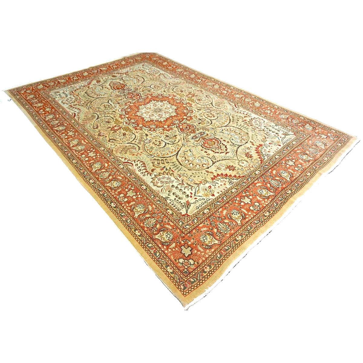 Vintage Persian Tabriz Wool 7x9 Pistachio & Rust Handmade Area Rug #9900342