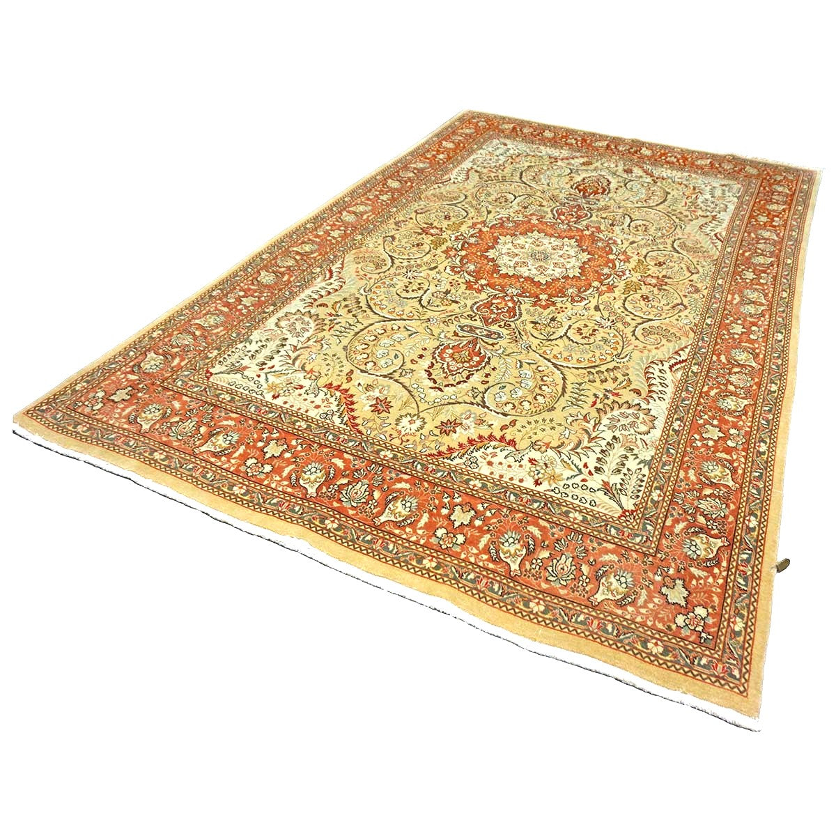 Vintage Persian Tabriz Wool 7x9 Pistachio & Rust Handmade Area Rug #9900342