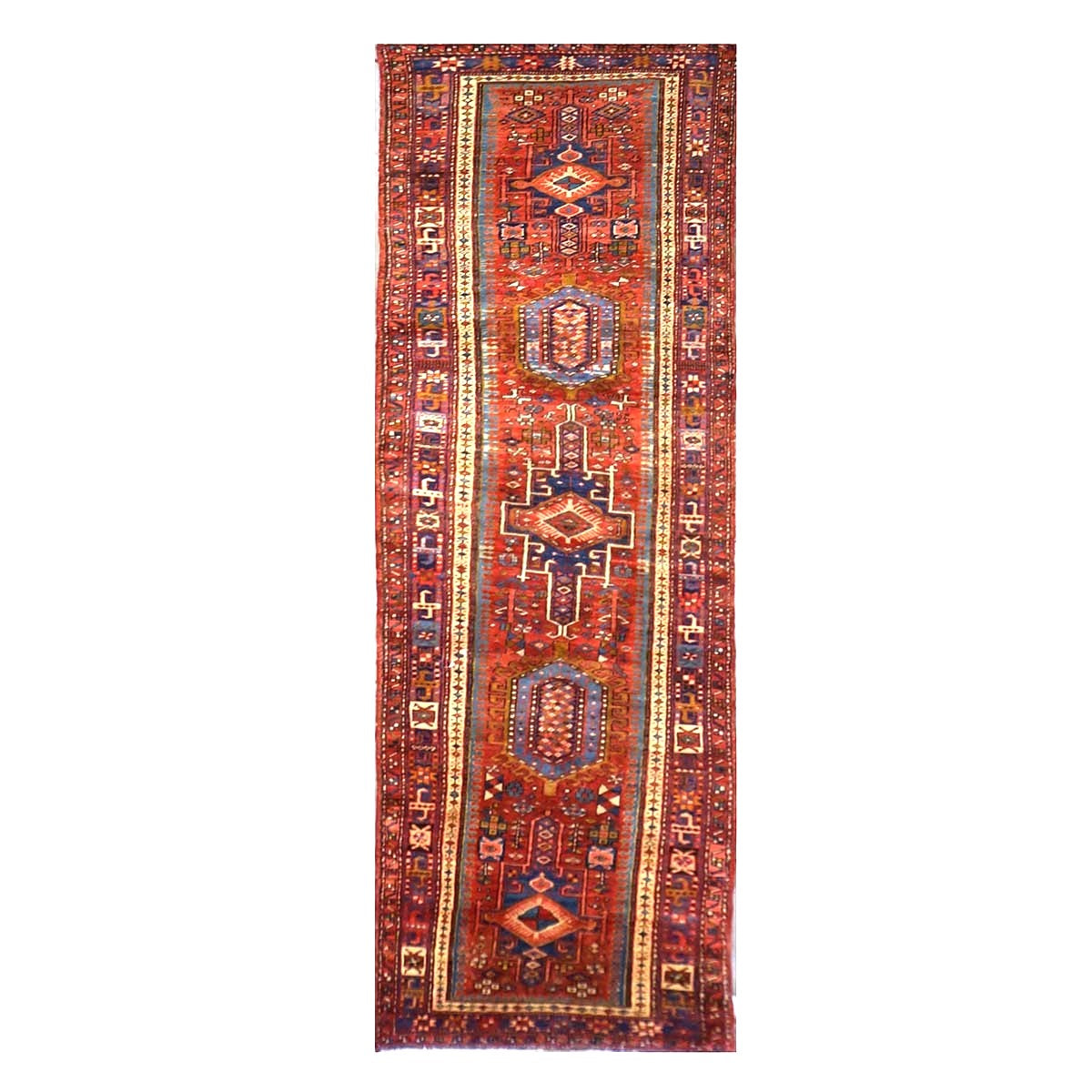 Antique Persian Karajeh Wool 3x11 Red, Blue & Ivory Handmade Runner Rug #9900478