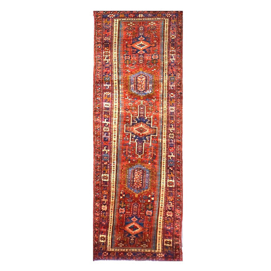 Antique Persian Karajeh Wool 3x11 Red, Blue & Ivory Handmade Runner Rug #9900478