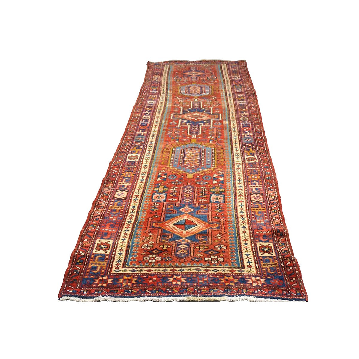 Antique Persian Karajeh Wool 3x11 Red, Blue & Ivory Handmade Runner Rug #9900478