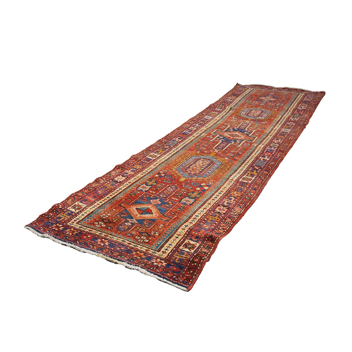 Antique Persian Karajeh Wool 3x11 Red, Blue & Ivory Handmade Runner Rug #9900478