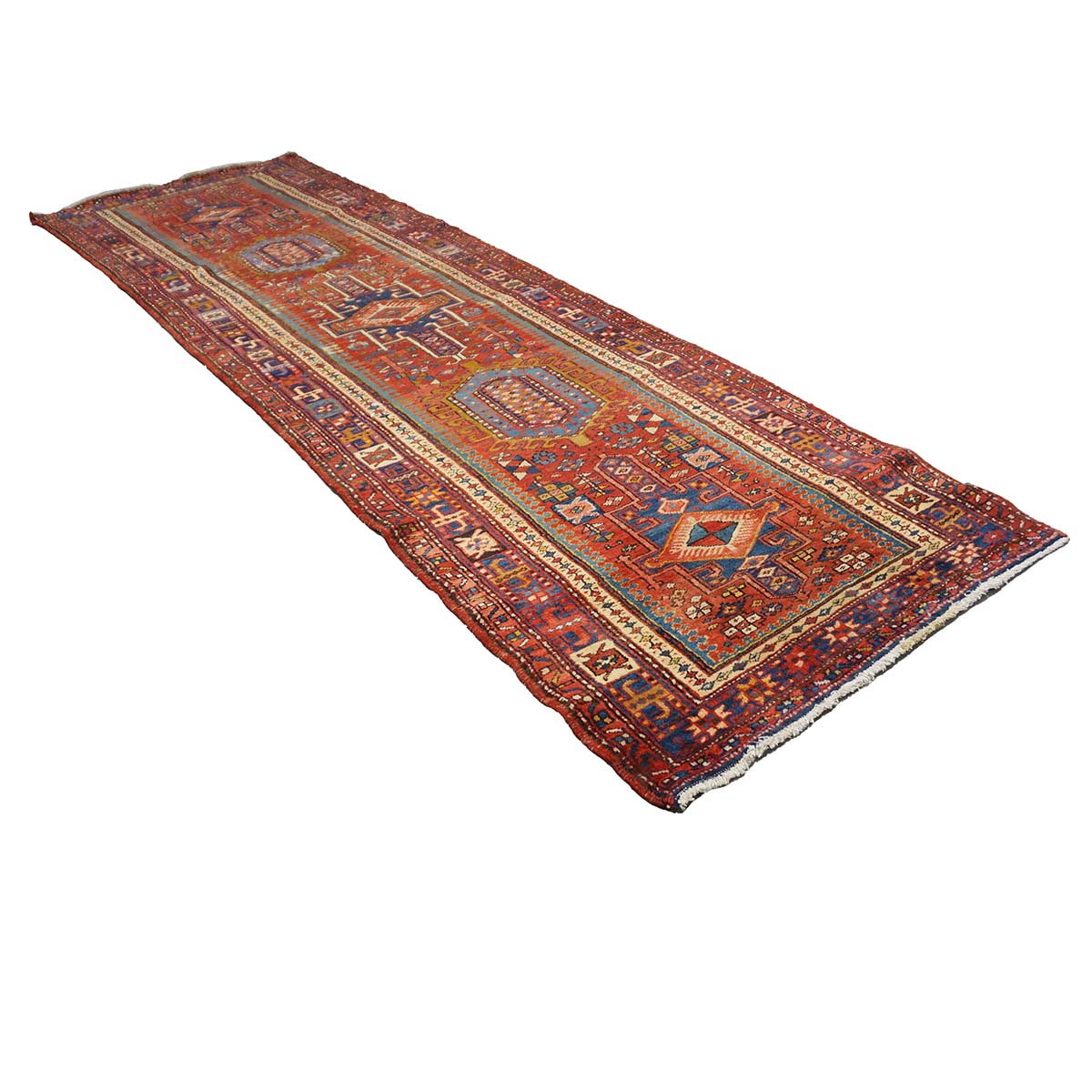 Antique Persian Karajeh Wool 3x11 Red, Blue & Ivory Handmade Runner Rug #9900478