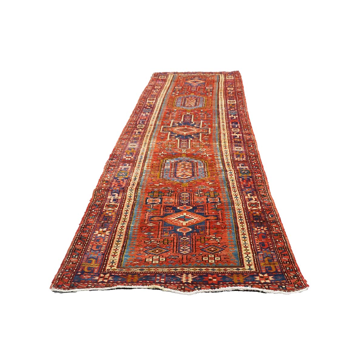 Antique Persian Karajeh Wool 3x11 Red, Blue & Ivory Handmade Runner Rug #9900478