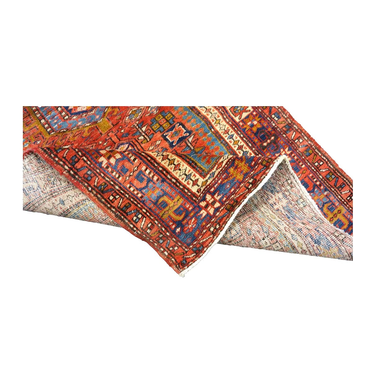 Antique Persian Karajeh Wool 3x11 Red, Blue & Ivory Handmade Runner Rug #9900478