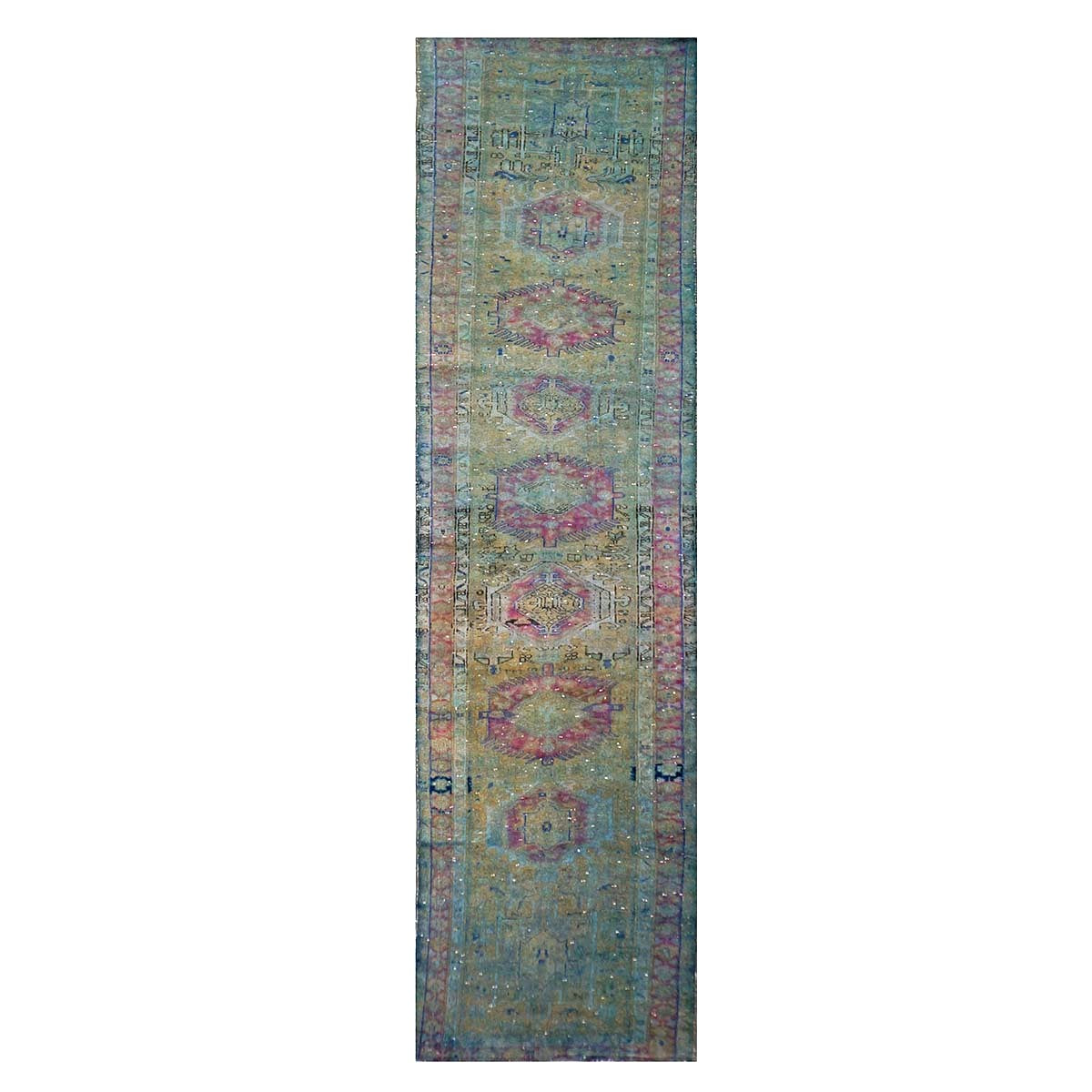 Vintage Persian Wool 3x15 Teal Overdye Handmade Runner Rug #9900486