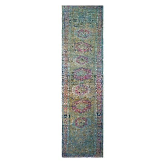 Vintage Persian Wool 3x15 Teal Overdye Handmade Runner Rug #9900486