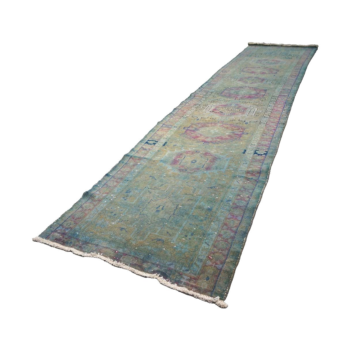 Vintage Persian Wool 3x15 Teal Overdye Handmade Runner Rug #9900486