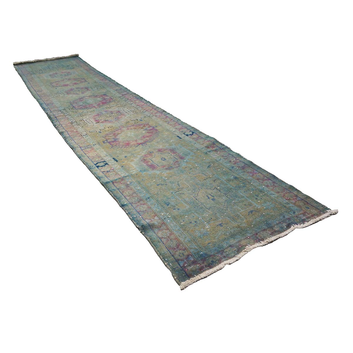 Vintage Persian Wool 3x15 Teal Overdye Handmade Runner Rug #9900486