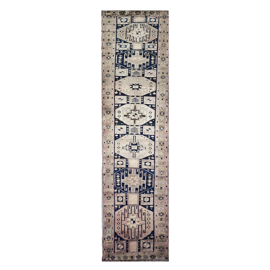 Persian Karajeh Wool 4x15 Taupe & Black Handmade Gallery Rug #9900622