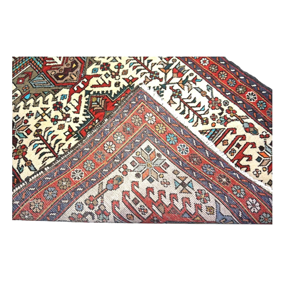 Persian Karajeh Wool 3x12 Ivory, Red & Blue Handmade Runner Rug #9900791
