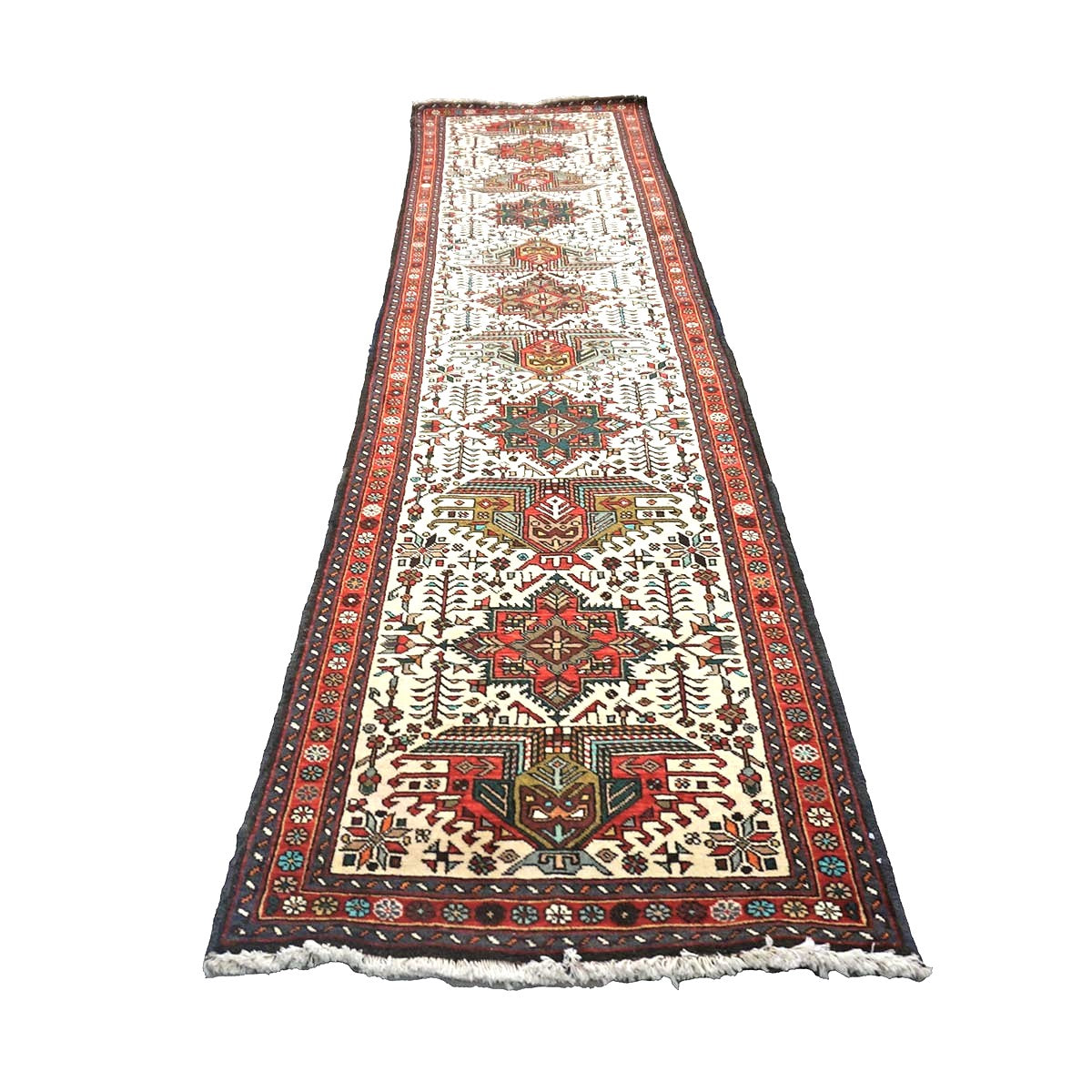 Persian Karajeh Wool 3x12 Ivory, Red & Blue Handmade Runner Rug #9900791
