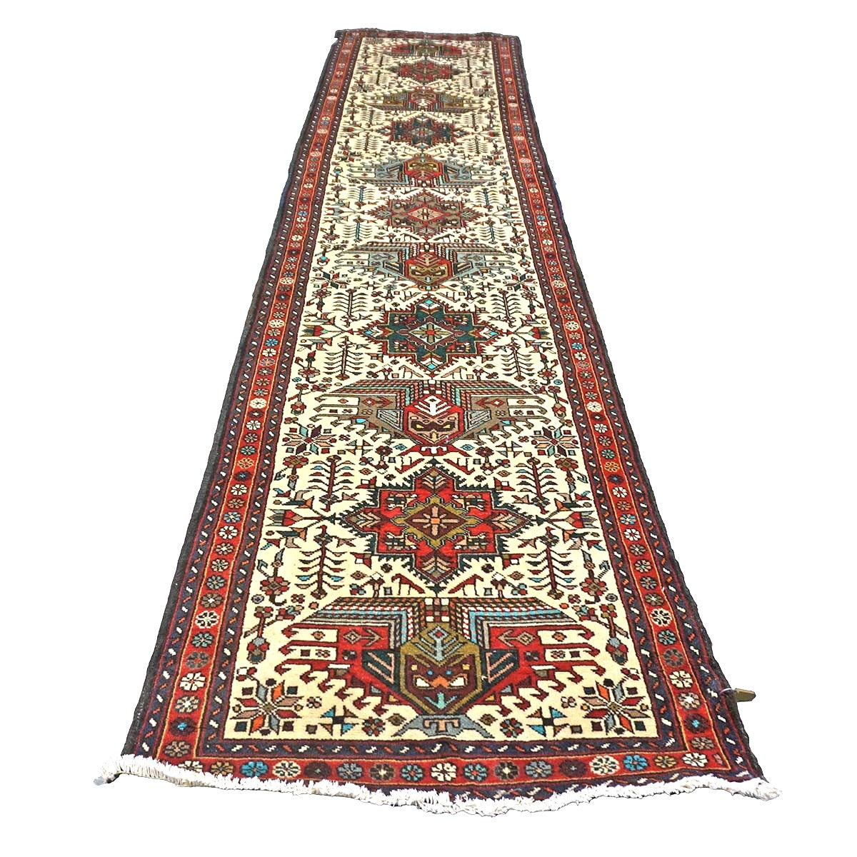 Persian Karajeh Wool 3x12 Ivory, Red & Blue Handmade Runner Rug #9900791