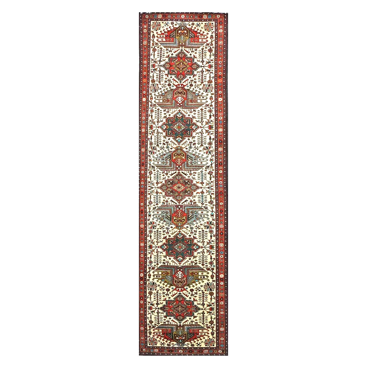 Persian Karajeh Wool 3x12 Ivory, Red & Blue Handmade Runner Rug #9900791