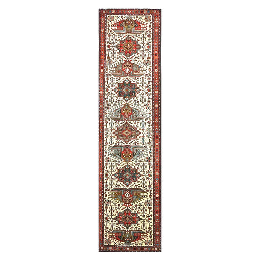 Persian Karajeh Wool 3x12 Ivory, Red & Blue Handmade Runner Rug #9900791
