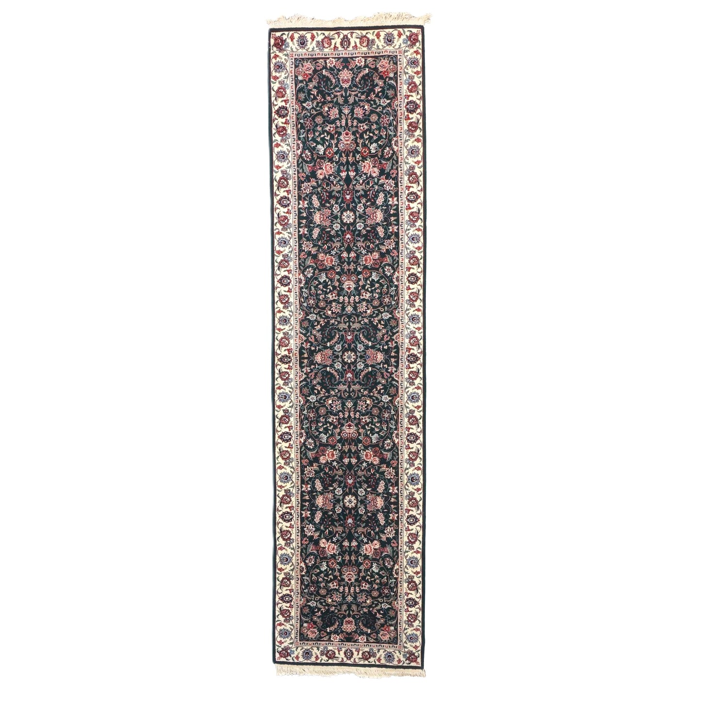 Persian Kashan Wool 3X11 Emerald Green, Ivory & Red Handmade Runner Rug #9900901