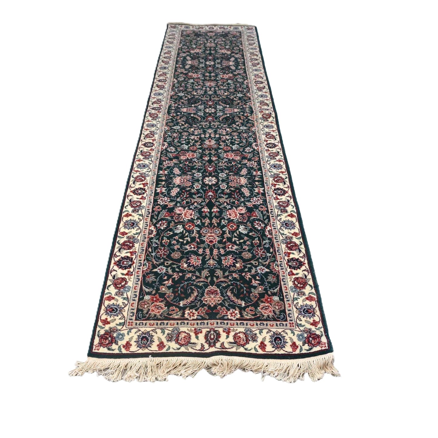 Persian Kashan Wool 3X11 Emerald Green, Ivory & Red Handmade Runner Rug #9900901