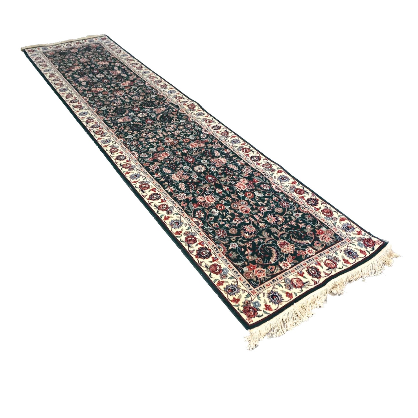 Persian Kashan Wool 3X11 Emerald Green, Ivory & Red Handmade Runner Rug #9900901