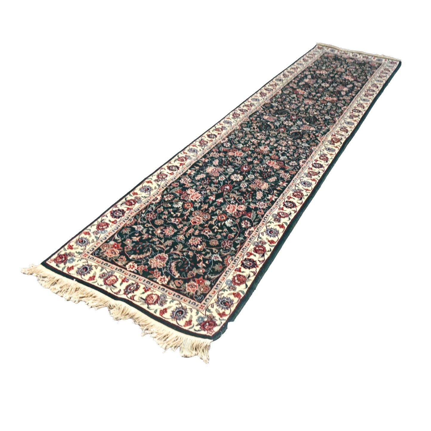 Persian Kashan Wool 3X11 Emerald Green, Ivory & Red Handmade Runner Rug #9900901