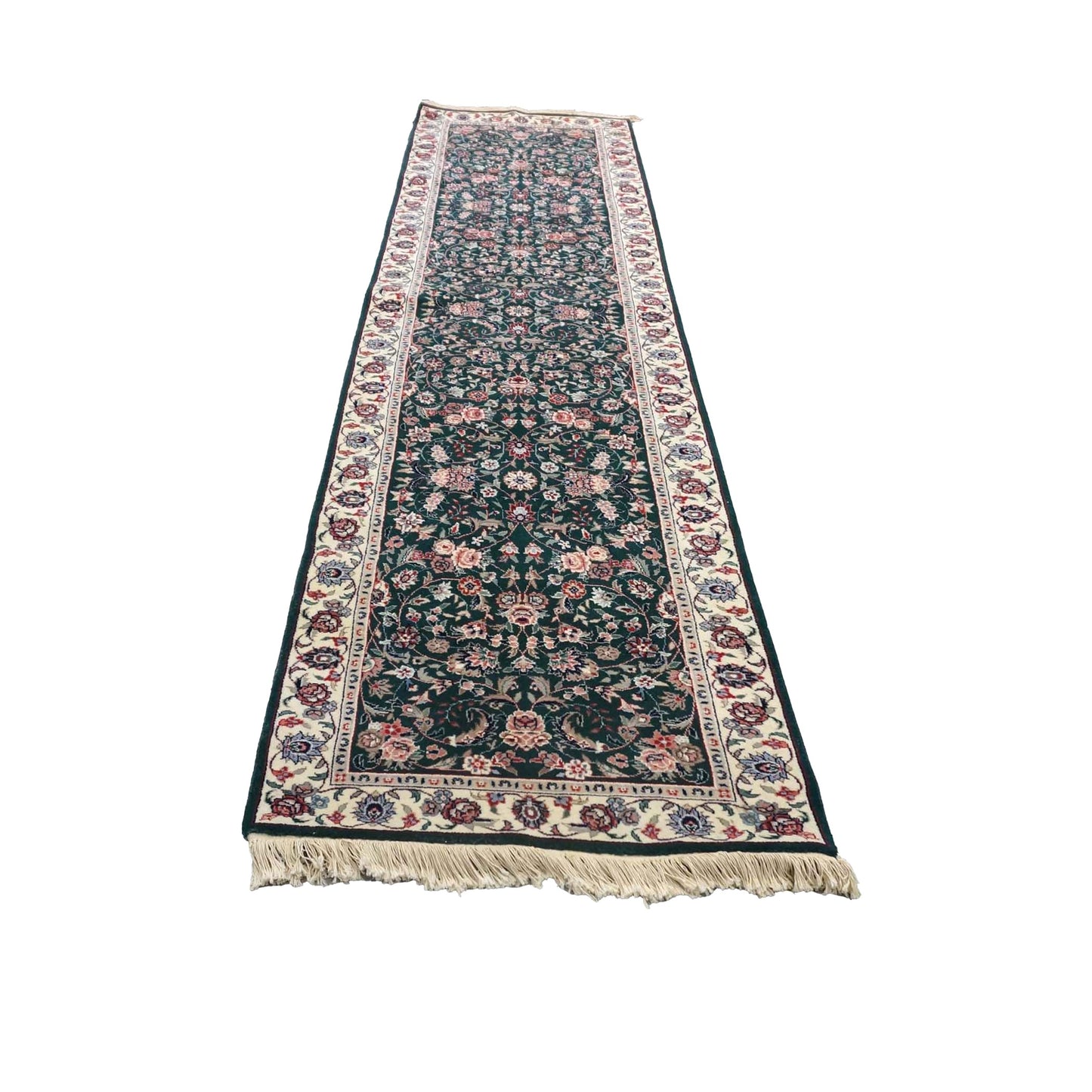 Persian Kashan Wool 3X11 Emerald Green, Ivory & Red Handmade Runner Rug #9900901