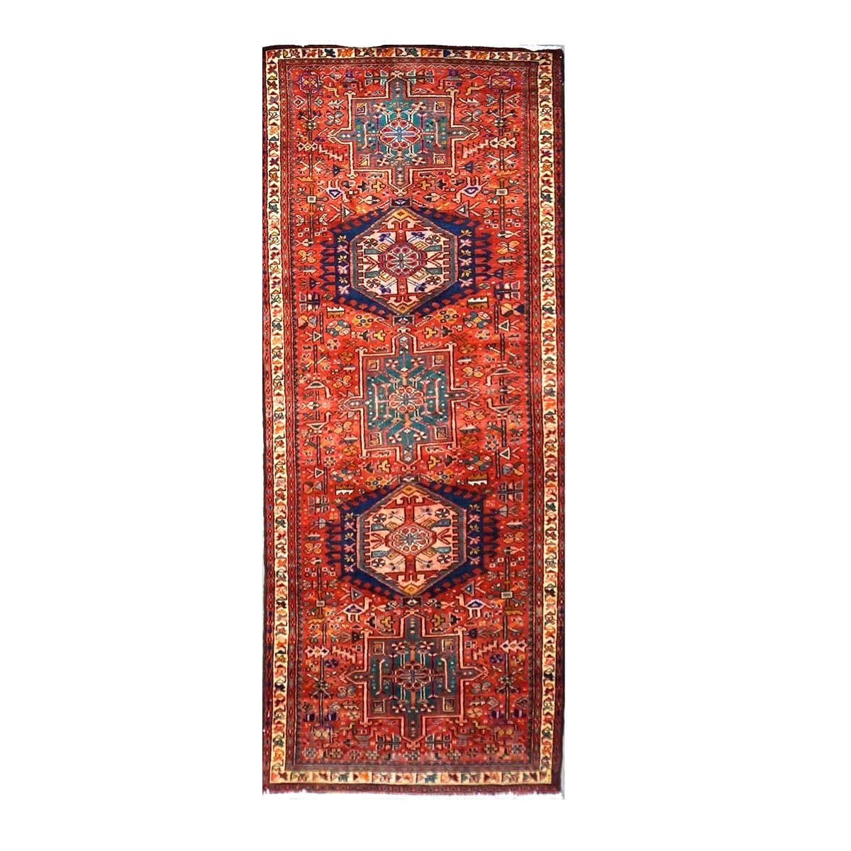 Antique Persian Karajeh Wool 4x10 Red, Blue & Ivory Handmade Gallery Rug # 9900917
