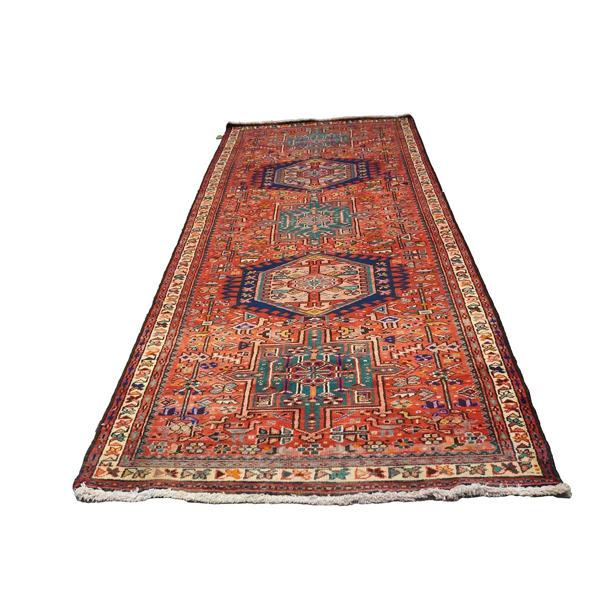Antique Persian Karajeh Wool 4x10 Red, Blue & Ivory Handmade Gallery Rug # 9900917