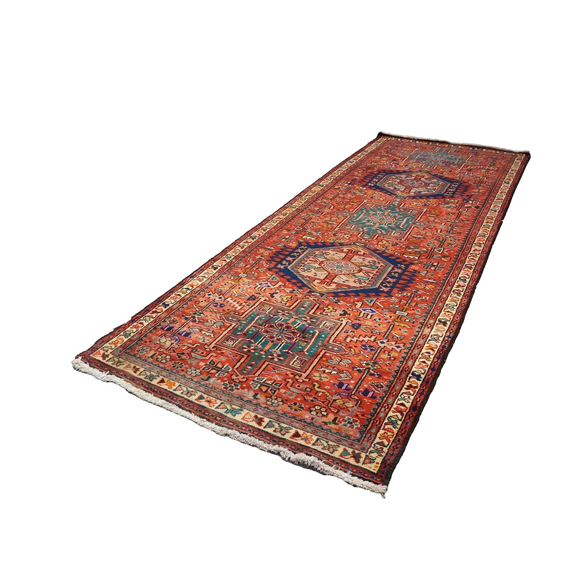 Antique Persian Karajeh Wool 4x10 Red, Blue & Ivory Handmade Gallery Rug # 9900917