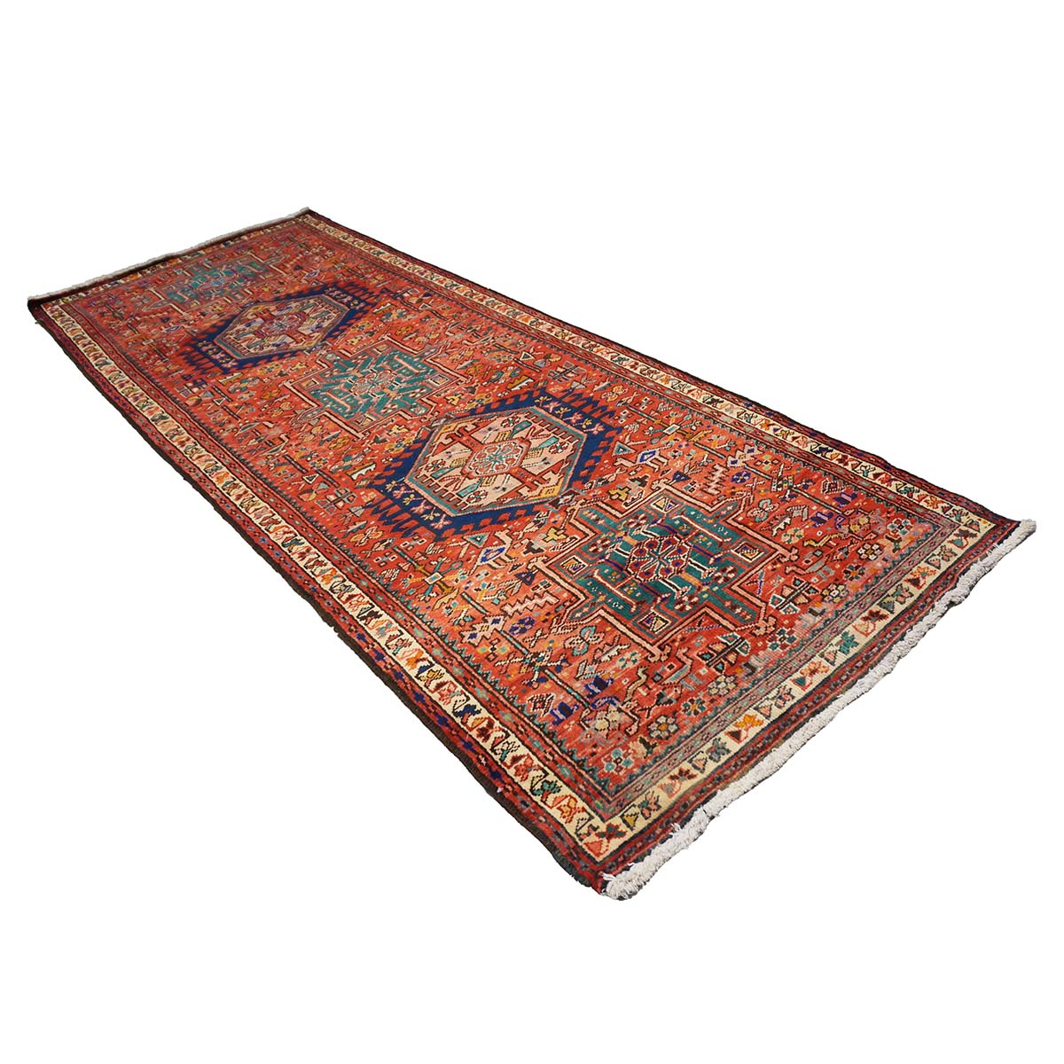 Antique Persian Karajeh Wool 4x10 Red, Blue & Ivory Handmade Gallery Rug # 9900917