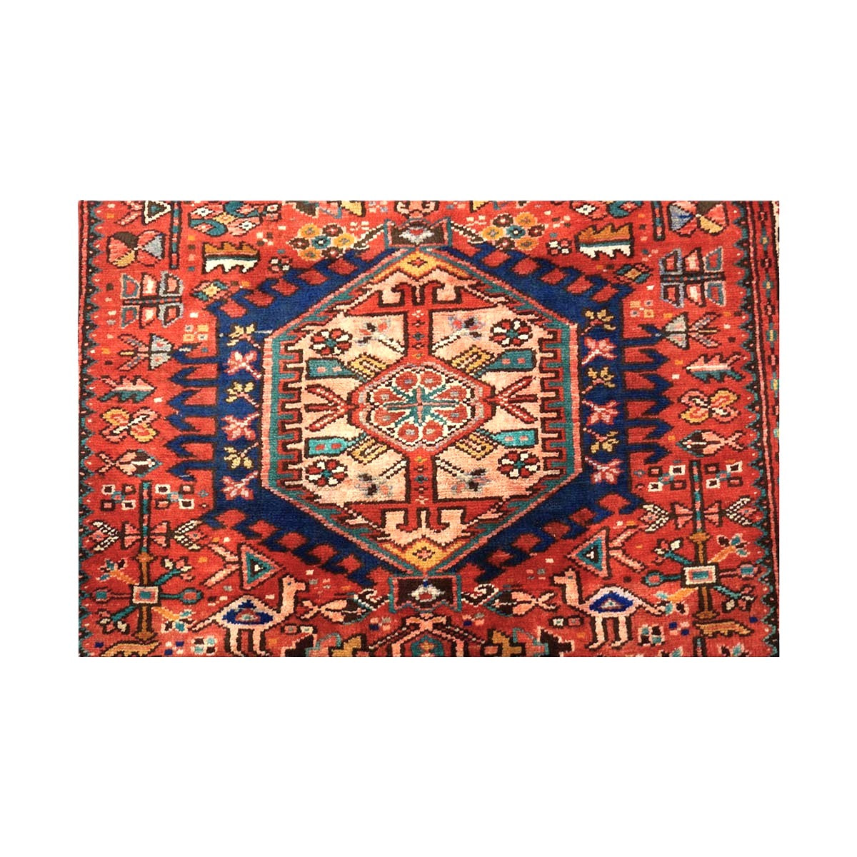 Antique Persian Karajeh Wool 4x10 Red, Blue & Ivory Handmade Gallery Rug # 9900917