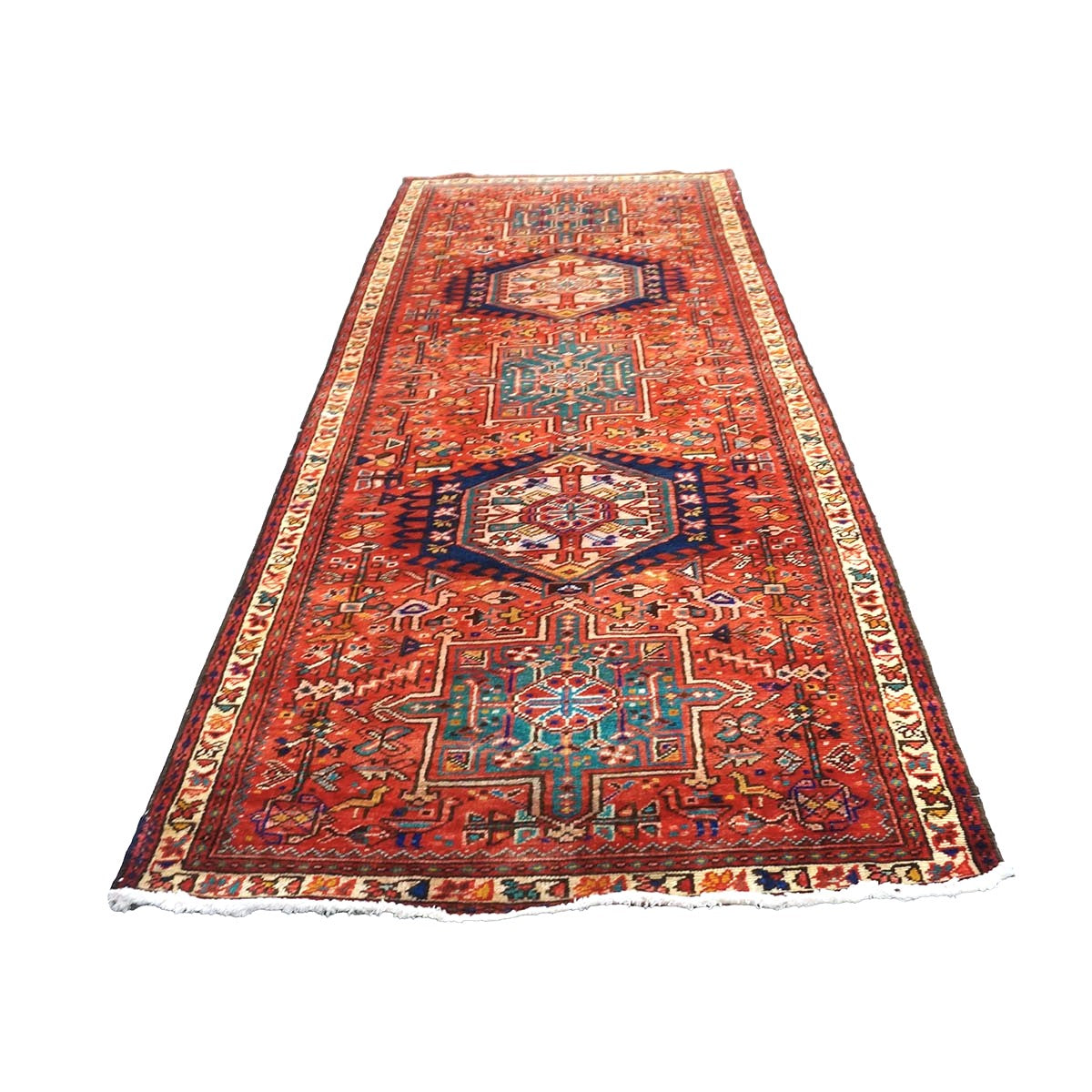 Antique Persian Karajeh Wool 4x10 Red, Blue & Ivory Handmade Gallery Rug # 9900917