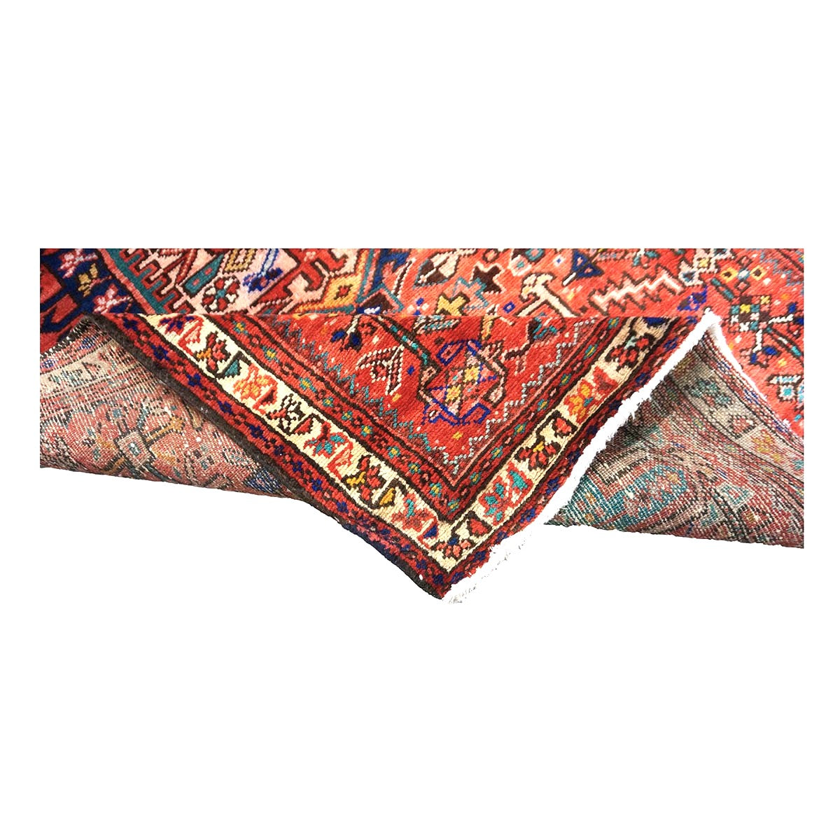 Antique Persian Karajeh Wool 4x10 Red, Blue & Ivory Handmade Gallery Rug # 9900917