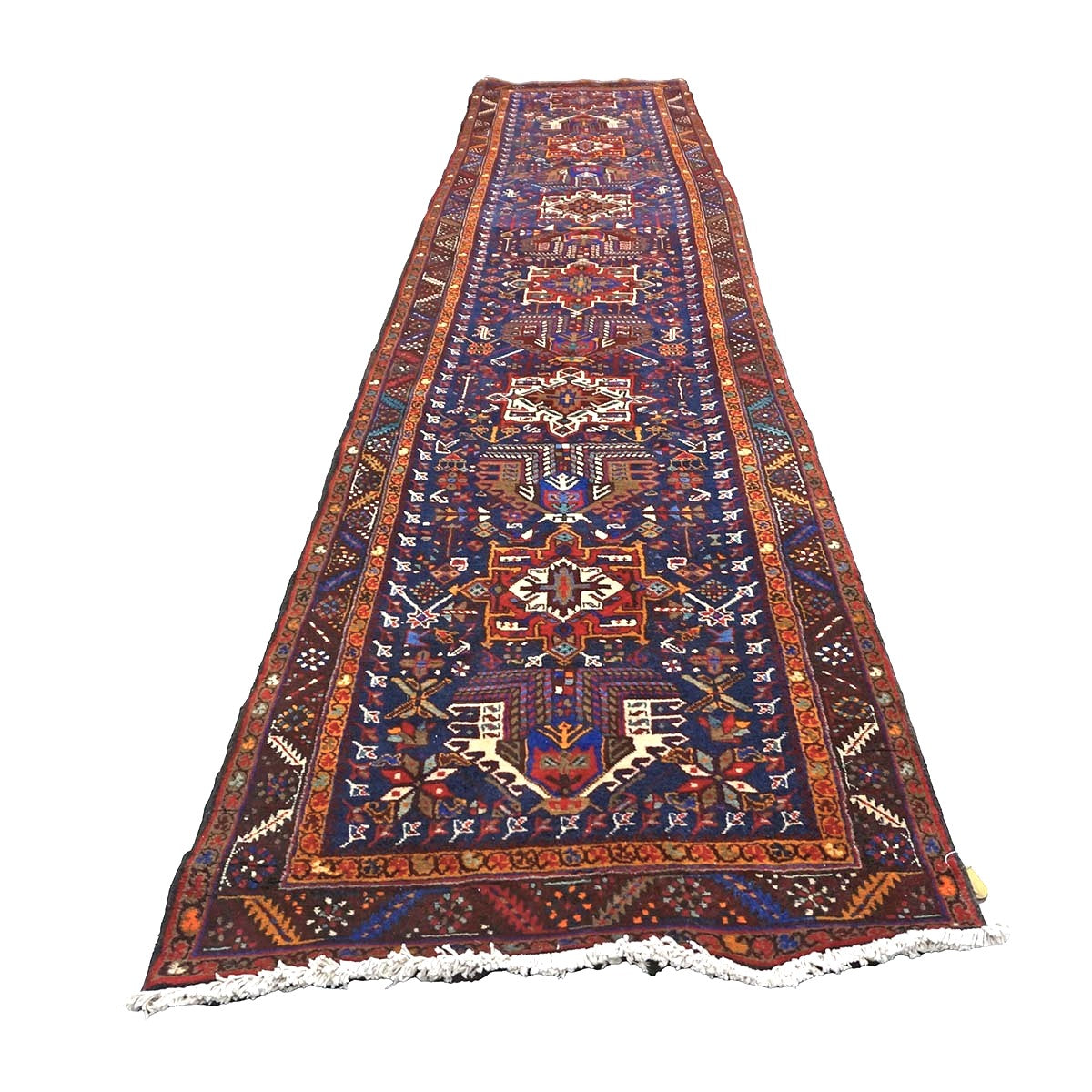 Persian Heriz Wool 3x14 Blue, Brown & Orange Handmade Runner Rug #9900945