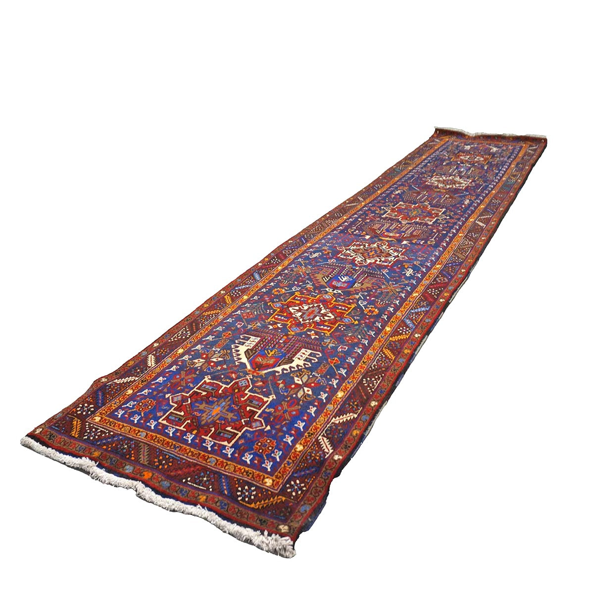 Persian Heriz Wool 3x14 Blue, Brown & Orange Handmade Runner Rug #9900945
