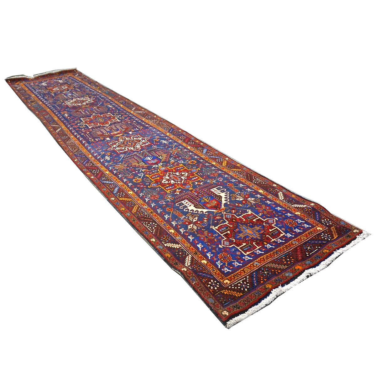 Persian Heriz Wool 3x14 Blue, Brown & Orange Handmade Runner Rug #9900945