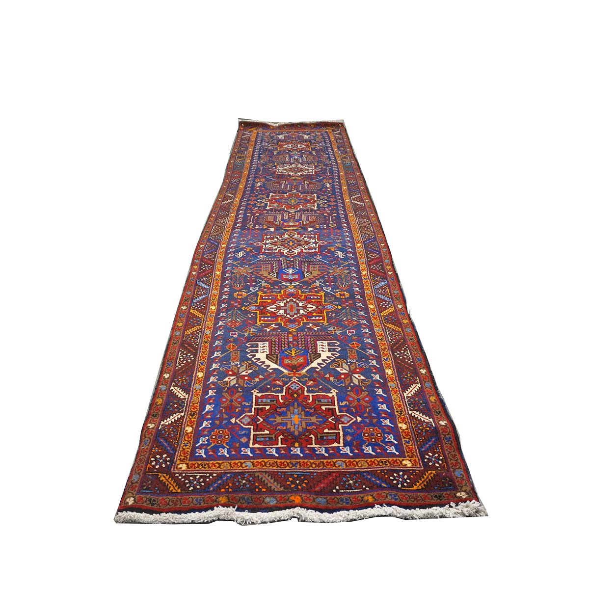 Persian Heriz Wool 3x14 Blue, Brown & Orange Handmade Runner Rug #9900945