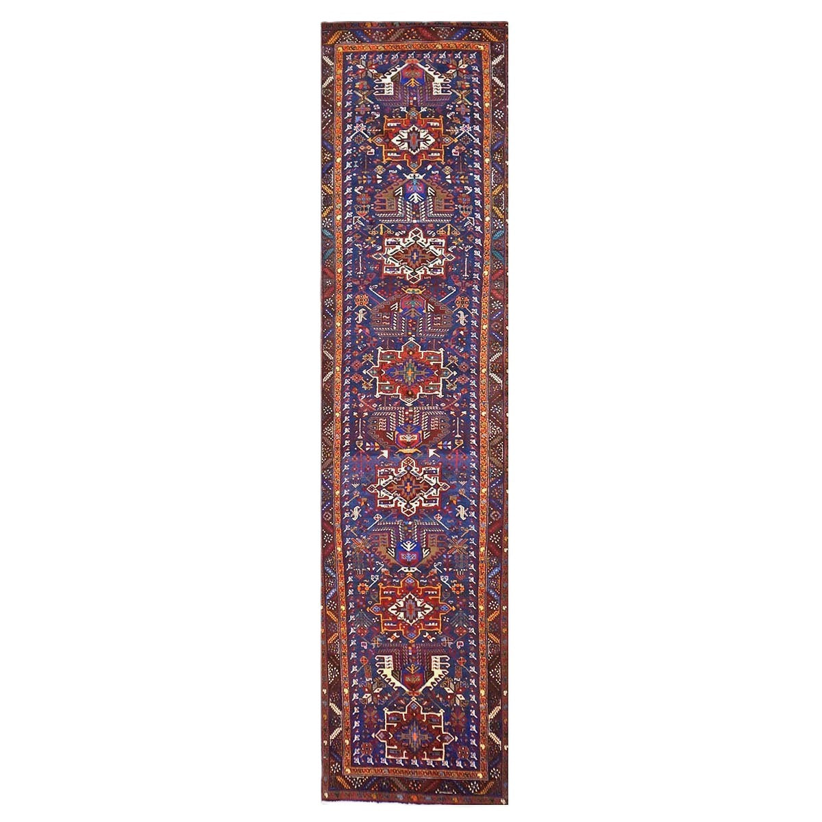Persian Heriz Wool 3x14 Blue, Brown & Orange Handmade Runner Rug #9900945