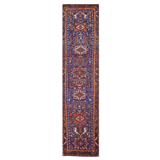 Persian Heriz Wool 3x14 Blue, Brown & Orange Handmade Runner Rug #9900945