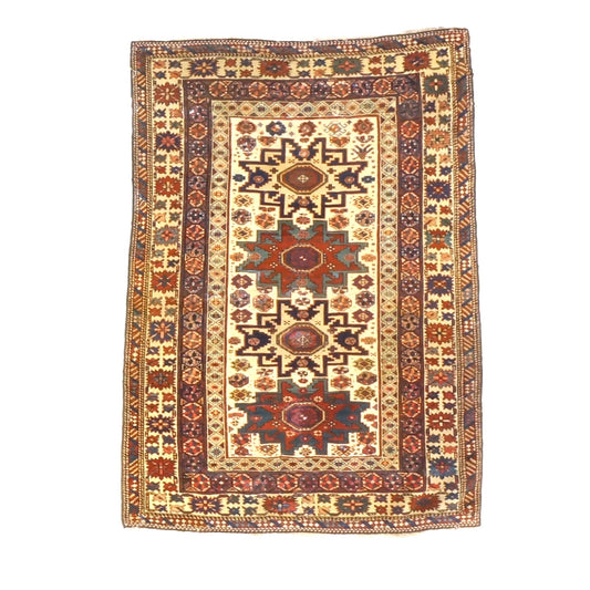 Antique Azerbaijani Shirvan Wool 4x5 Ivory, Blue & Rust Handmade Area Rug #9900969