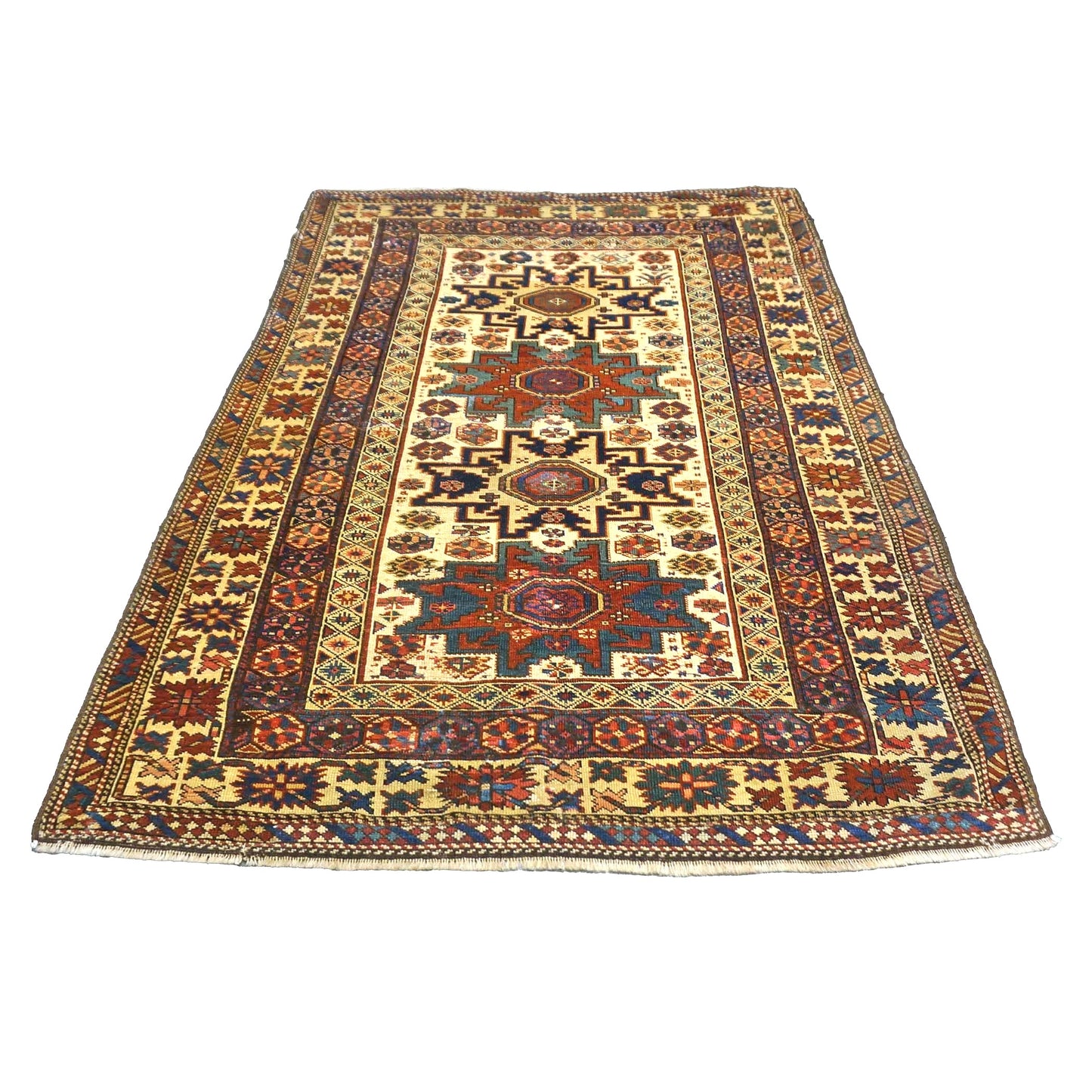 Antique Azerbaijani Shirvan Wool 4x5 Ivory, Blue & Rust Handmade Area Rug #9900969