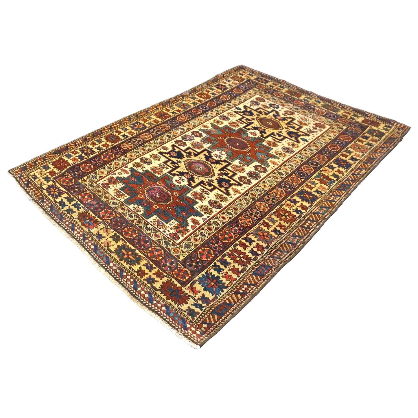 Antique Azerbaijani Shirvan Wool 4x5 Ivory, Blue & Rust Handmade Area Rug #9900969