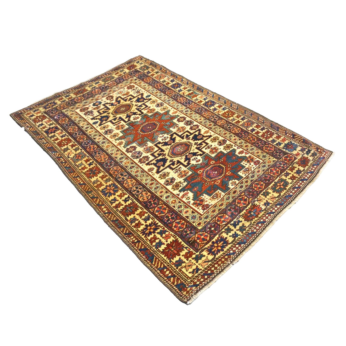 Antique Azerbaijani Shirvan Wool 4x5 Ivory, Blue & Rust Handmade Area Rug #9900969