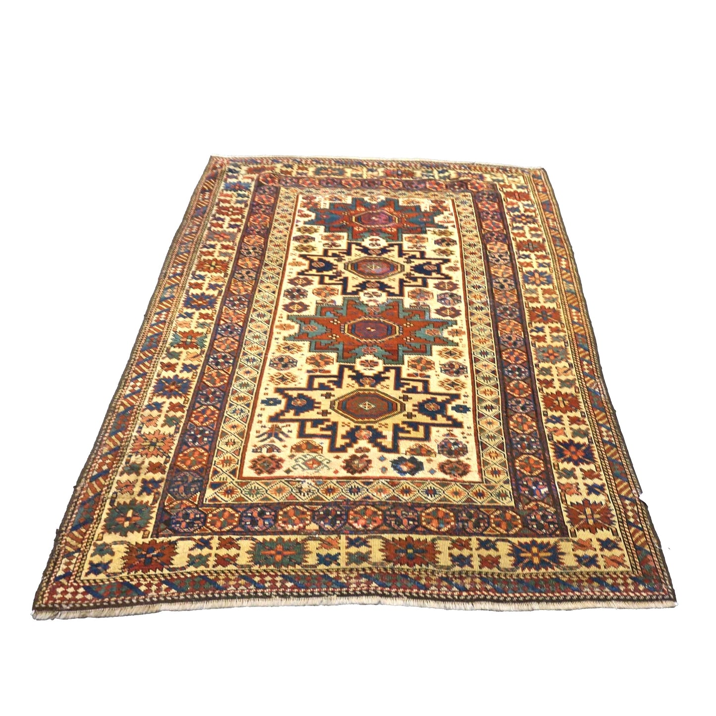 Antique Azerbaijani Shirvan Wool 4x5 Ivory, Blue & Rust Handmade Area Rug #9900969