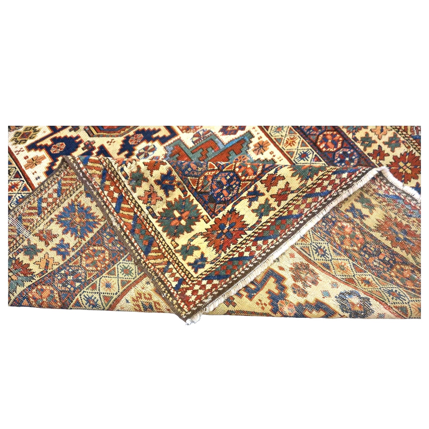 Antique Azerbaijani Shirvan Wool 4x5 Ivory, Blue & Rust Handmade Area Rug #9900969
