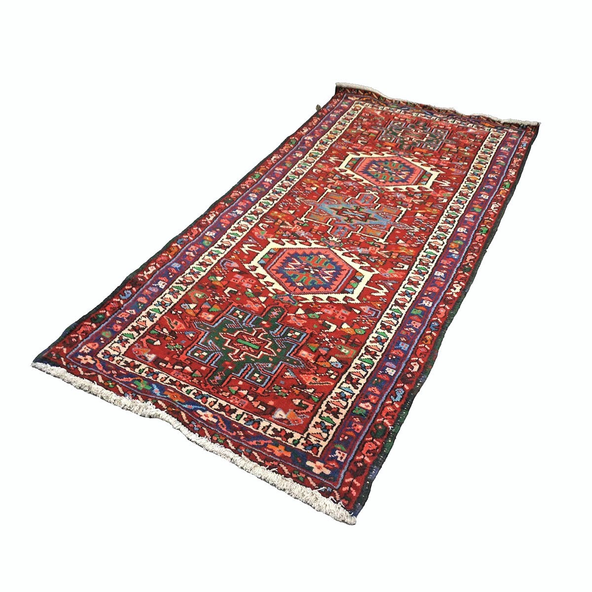 Persian Karajeh Wool 3x7 Red, Ivory & Blue Handmade Runner Rug #9900992